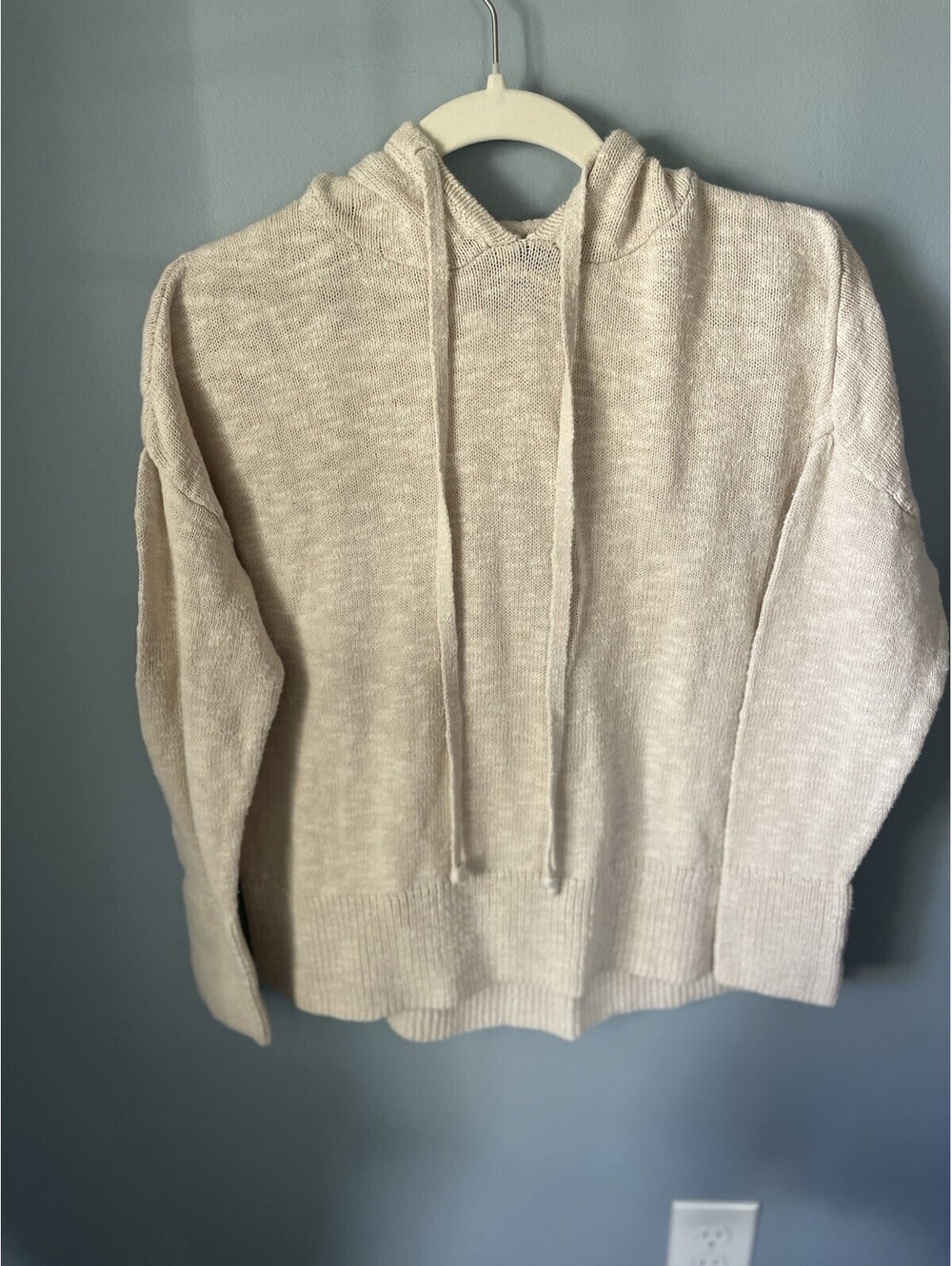 Rachel Zoe Women's Beige Cotton Linen Knit Hooded V-Neck Pullover Sweater M